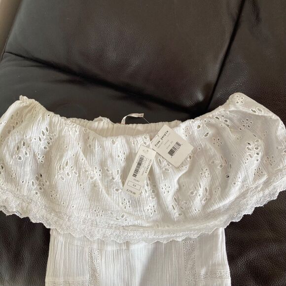 Free People Romantic off the shoulder Embroidered Cotton Midi Dress Ivory Sz XS - Picture 4 of 7